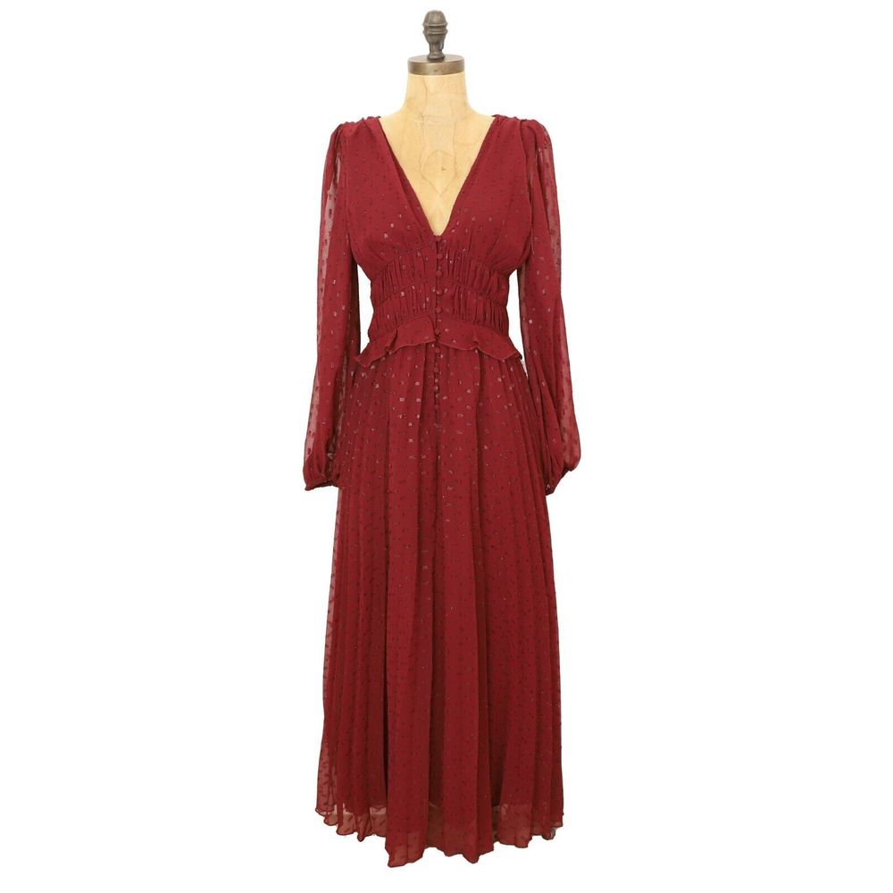 ASOS Button Through Ruched Waist Pleated Midi Dress 4 Metallic Dobby Deep Red B9